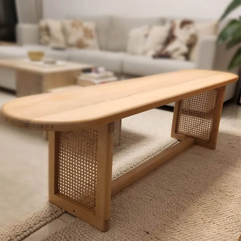 Solid Wood Rattan Bench – 150cm Length, 35cm Depth, 45cm Height